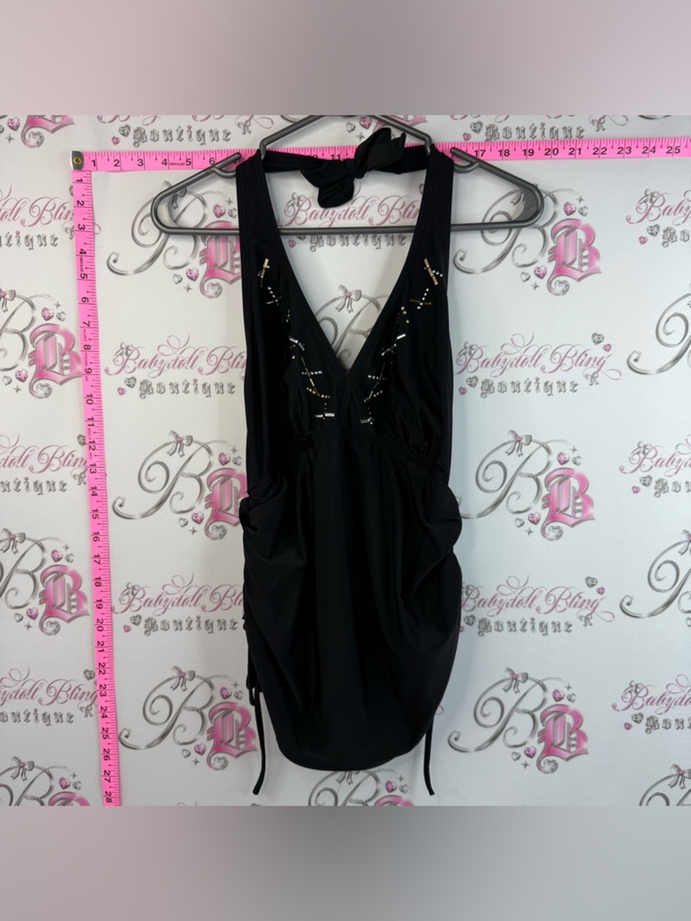 Silhouette Soulution Black Embellished Halter V-Neck Bathing Suit Top (Tankine)
